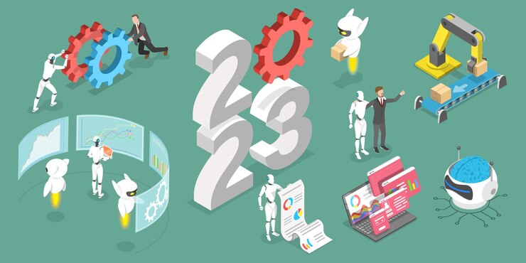 Vector ilustración conceptual de vector plano isométrico 3d del año nuevo 2023 y tendencias de automatización de procesos robóticos