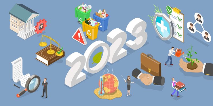 Vector ilustración conceptual de vector plano isométrico 3d del año nuevo 2023 y tendencias esg