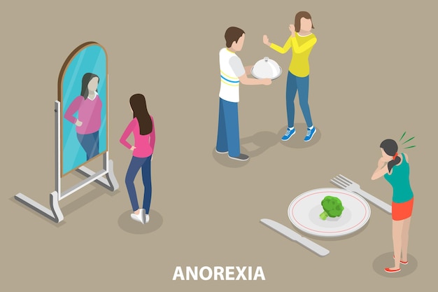 Ilustración conceptual de vector plano isométrico 3D de la anorexia nerviosa