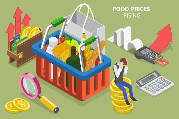 Ilustración conceptual de vector plano isométrico 3D del aumento de los precios de los alimentos