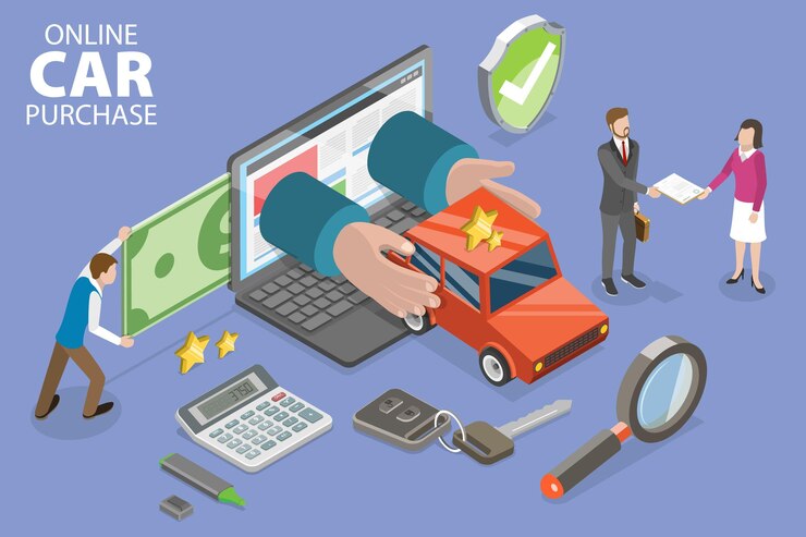 Vector ilustración conceptual de vector plano isométrico 3d de compra de automóviles en línea