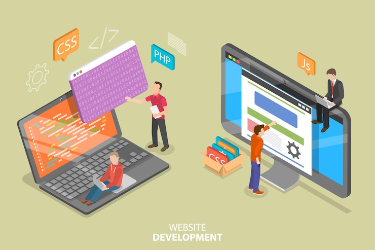 Vector ilustración conceptual de vector plano isométrico 3d del desarrollo y codificación de sitios web