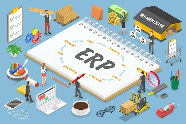 Vector ilustración conceptual de vector plano isométrico 3d del erp como planificación de recursos empresariales