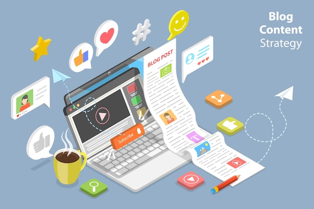 Ilustración conceptual de vector plano isométrico 3D de estrategia de contenido de blog