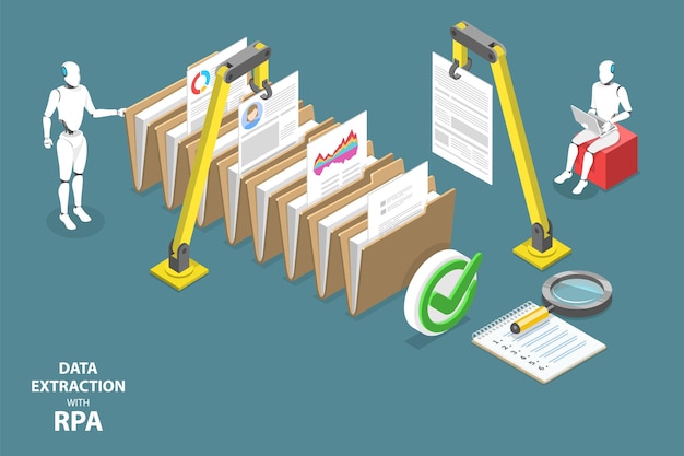 Ilustración conceptual de vector plano isométrico 3D de extracción de datos con RPA