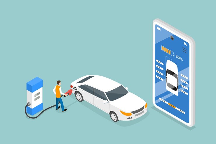 Vector ilustración conceptual de vector plano isométrico 3d de la gestión del combustible o la carga del automóvil