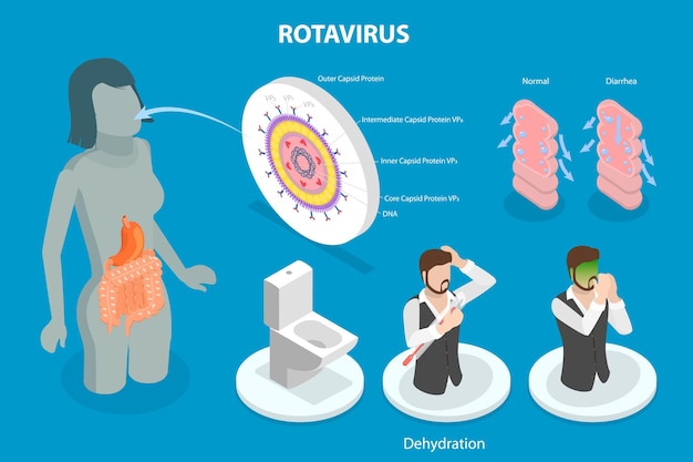 Ilustración conceptual de vector plano isométrico 3D de la infección por rotavirus