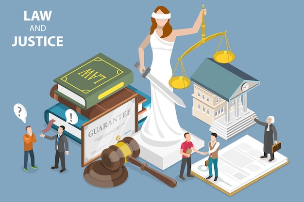Ilustración conceptual de vector plano isométrico 3D de la ley y la justicia