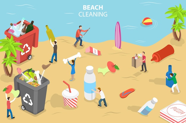 Ilustración conceptual de vector plano isométrico 3D de la limpieza de la playa