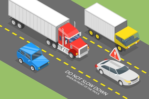 Ilustración conceptual de vector plano isométrico 3D de No disminuir la velocidad cuando se conduce delante del camión