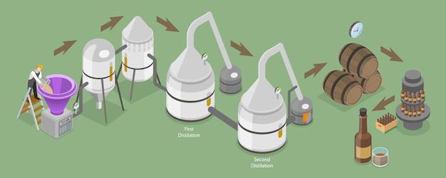 Ilustración conceptual de vector plano isométrico en 3d del proceso de producción de whisky de destilería