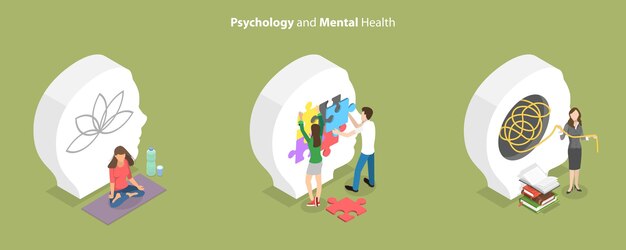 Ilustración conceptual de vector plano isométrico 3D de psicología y salud mental