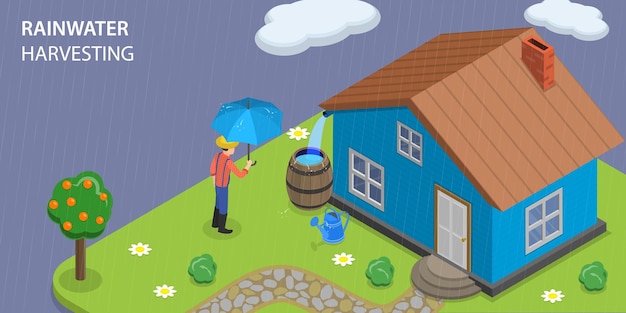 Ilustración conceptual de vector plano isométrico 3D de recolección de agua de lluvia