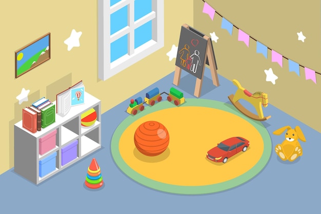 Ilustración conceptual de vector plano isométrico 3D de la sala de juegos del jardín de infantes