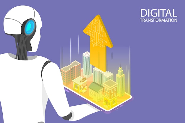 Ilustración conceptual del vector plano isométrico 3D de la transformación digital
