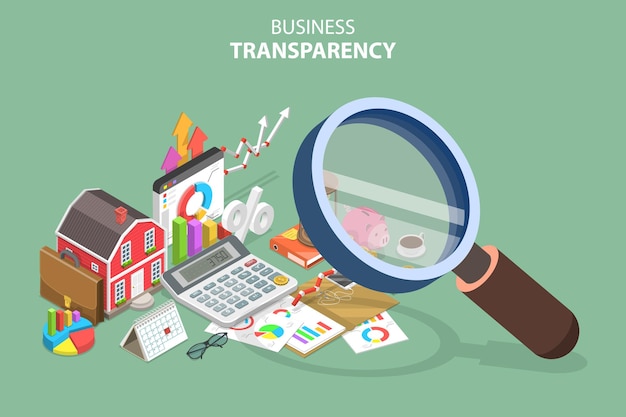 Ilustración conceptual del vector plano isométrico 3D de la transparencia empresarial