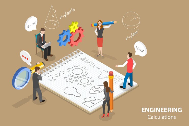 Vector ilustración conceptual de vectores planos isométricos 3d de cálculos de ingeniería