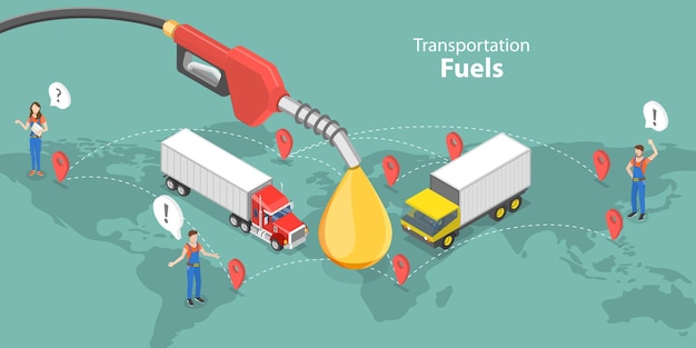 Ilustración conceptual de vectores planos isométricos 3d de los combustibles para el transporte