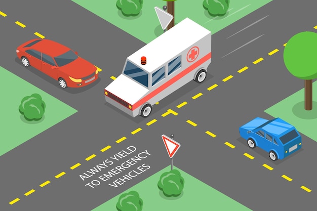 Ilustración conceptual de vectores planos isométricos 3D de vehículos de emergencia en la encrucijada