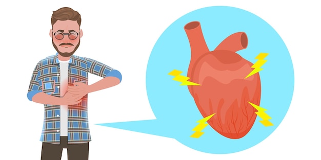 Ilustración conceptual de vectores planos de los síntomas de un ataque cardíaco hombre enfermo con dolor en el pecho