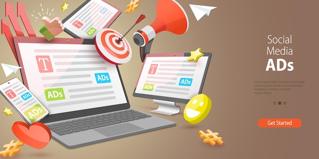 Ilustración conceptual vectorial 3D de los anuncios de las redes sociales