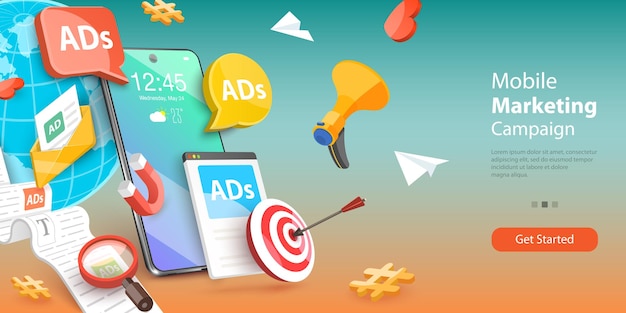 Ilustración conceptual vectorial 3D de la campaña de marketing móvil