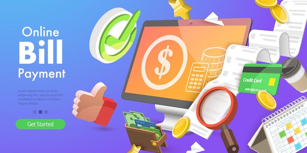 Ilustración conceptual vectorial 3D del pago de facturas en línea