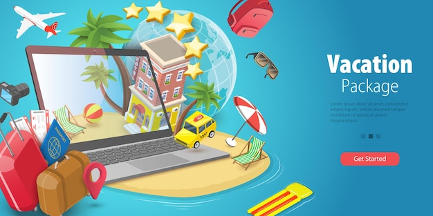 Ilustración conceptual vectorial 3D de un paquete de vacaciones