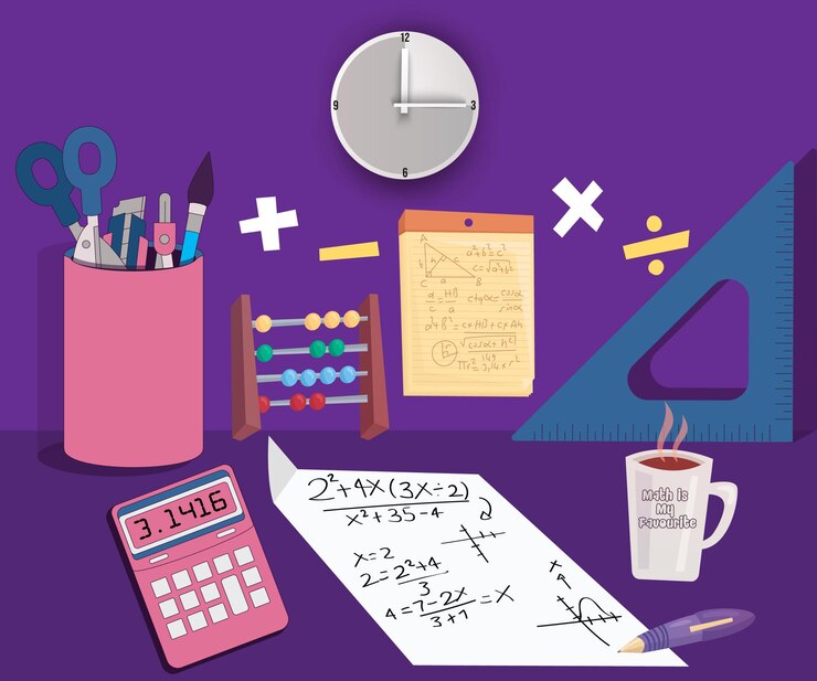Vector ilustración conceptual vectorial de matemáticas elementos matemáticos de dibujos animados y también calculadora de álgebra