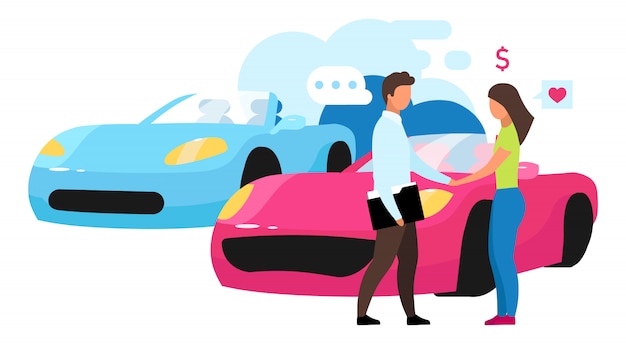 Ilustración de concesionario de automóviles. Compra de automóviles nuevos en la tienda. Experto en producto, asesoramiento consultor. Cliente y vendedor, asistente de compras personaje de dibujos animados sobre fondo blanco.
