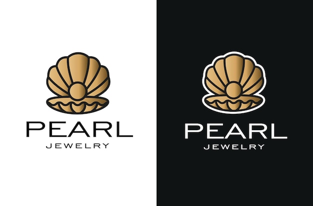 Ilustración de la concha dorada con el diseño del logotipo de la conca de lujo elegante de perlas