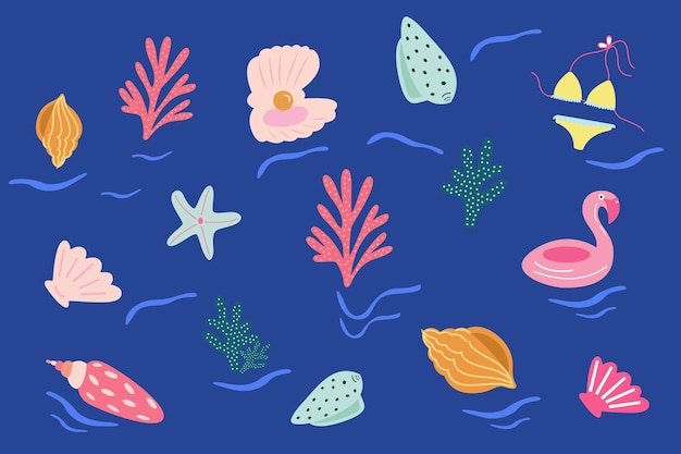 Ilustración de conchas marinas de verano Corales planos y iconos de conchas