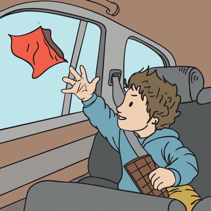 Ilustración de conciencia ambiental de un niño tirando basura por la ventana de un coche mientras come chocolate