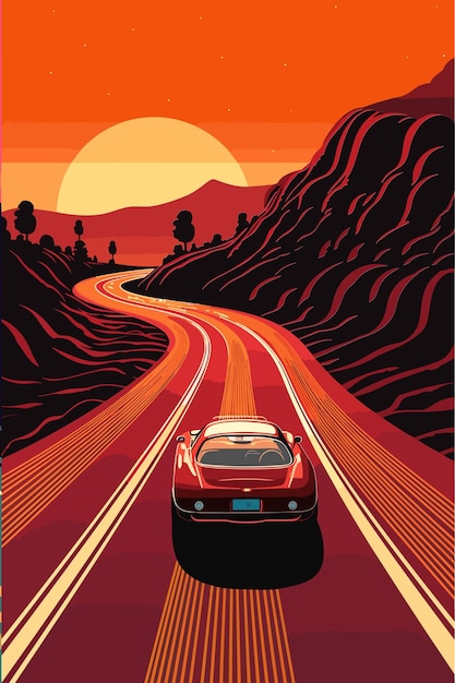 Vector ilustración de la conducción de automóviles retro en la carretera al atardecer