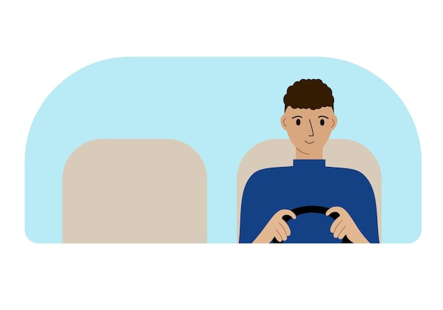 Ilustración de un conductor de hombre conduciendo. Mira a través del parabrisas
