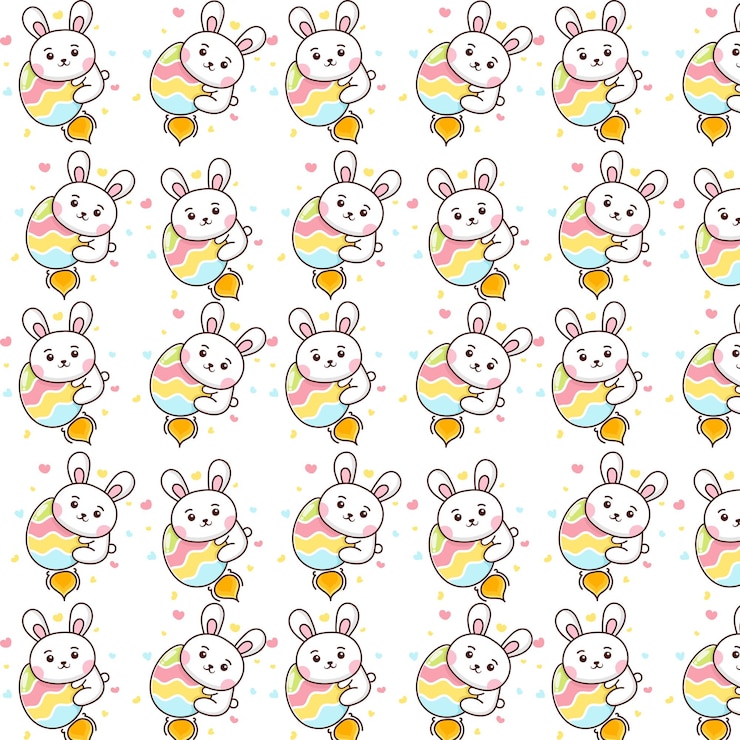 Vector ilustración de un conejito abrazando un cohete de huevo celebrando el patrón sin costuras de estilo kawaii de pascua