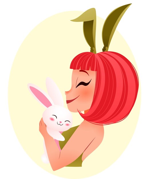 Ilustración de conejito de Pascua. Niña sonriente con orejas de conejo abrazos conejito.