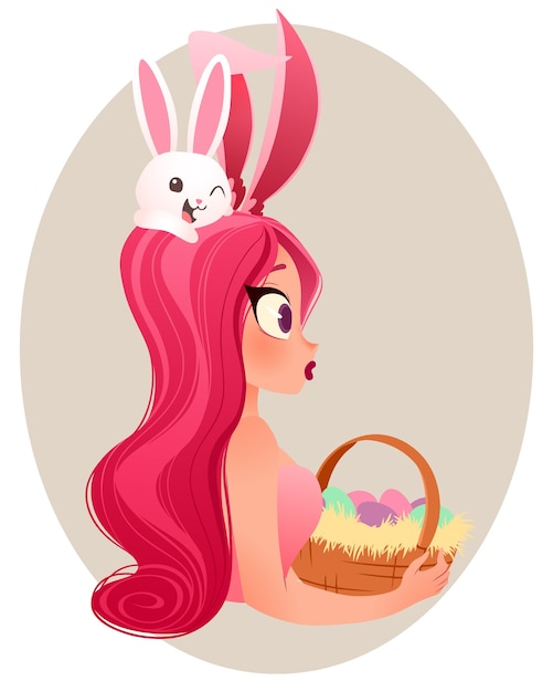 Ilustración de conejito de pascua. niña sonriente con orejas de conejo sosteniendo una canasta con huevos.