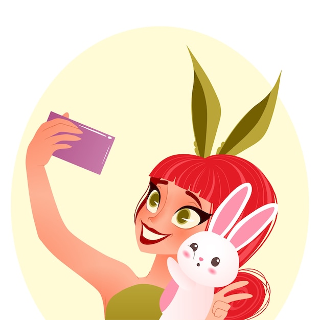 Ilustración de conejito de Pascua. Niña sonriente con orejas de conejo toma selfie con conejito.