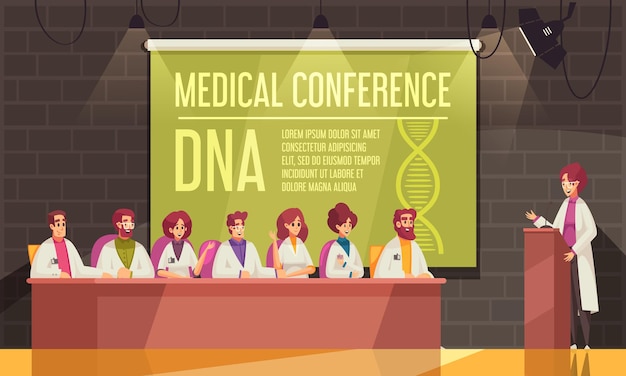 Ilustración de conferencia médica coloreada con orador y participantes en la sala de conferencias