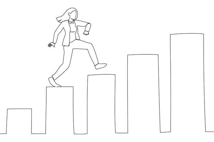 Vector ilustración de confianza empresaria paso subiendo la escalera del éxito con flecha ascendente mejora o crecimiento profesional arte de estilo de una línea