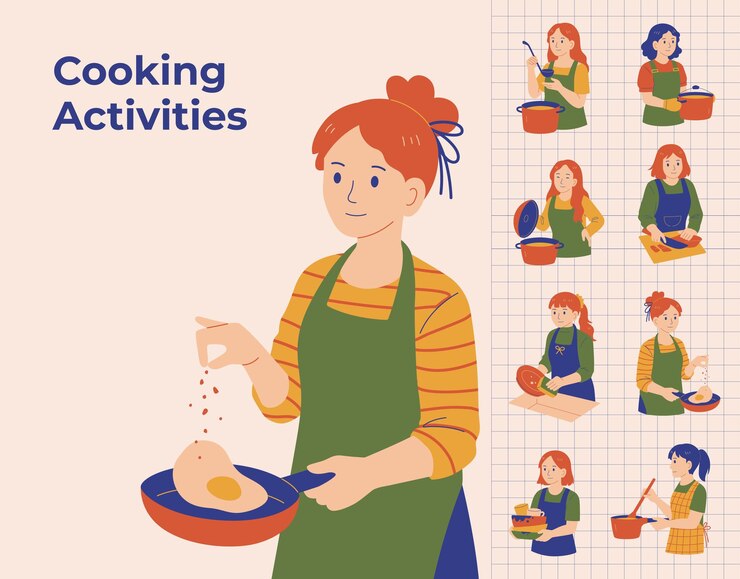 Ilustración del conjunto de actividades de cocina en diseño plano