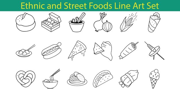 Ilustración del conjunto de arte de la línea de comida callejera étnica