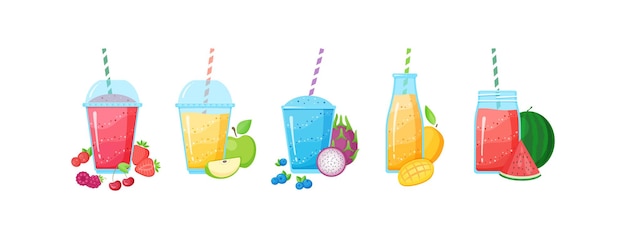Ilustración de conjunto de bebida de batido de dieta saludable. Vidrio y botella con paja y cóctel fresco en capas en colores del arco iris con colección de batido de frutas crudas