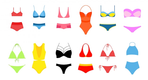 Ilustración del conjunto de bikini de mujer, colección de traje de baño de colores brillantes sobre fondo blanco. Bikini vintage moderno y moderno.