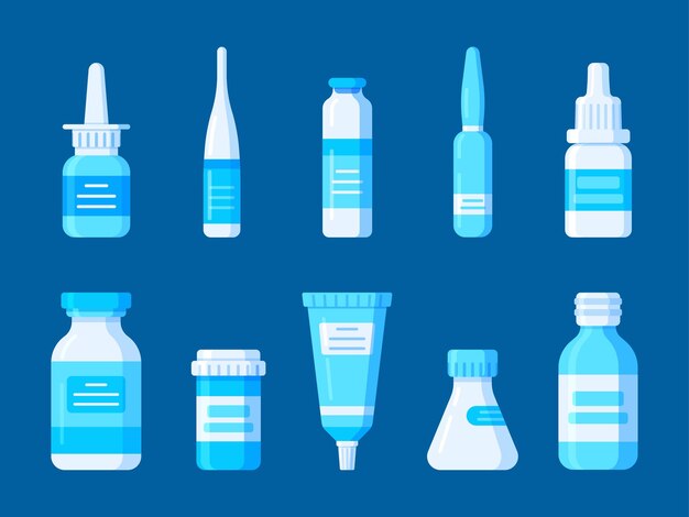 Ilustración de un conjunto de botiquín de primeros auxilios de medicamentos para un paciente.Equipo quirúrgico estándar.Diseño de varios frascos de ampollas.