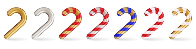Ilustración del conjunto de cañas de caramelo de Navidad Incluye siete variaciones oro plata rojo blanco rojo oro azul oro y oro blanco diseños a rayas temas de vacaciones decoraciones festivas año nuevo