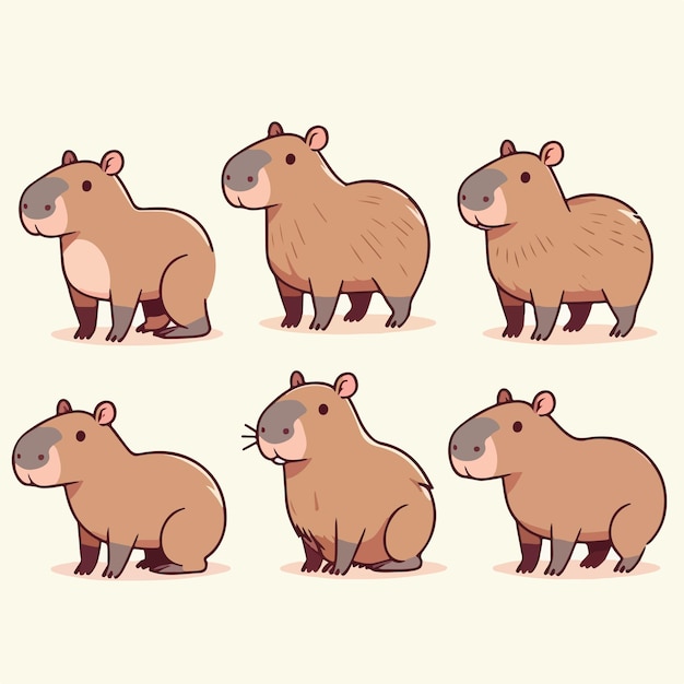 Ilustración de un conjunto de capíbaras con un estilo de diseño plano