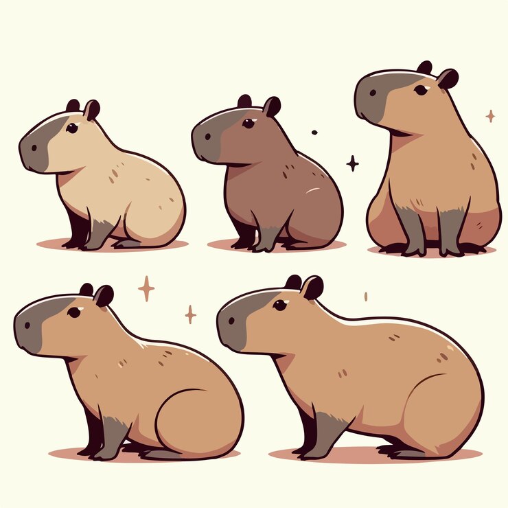 Vector ilustración de un conjunto de capíbaras con un estilo de diseño plano