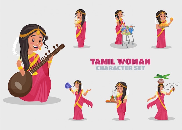 Ilustración del conjunto de caracteres de la mujer tamil